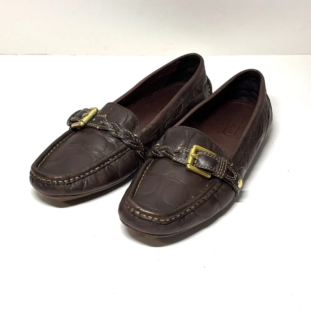 Coach Saidey Driving Loafers Womens‎ 6.5 Brown Leather Signature Buckle Preppy